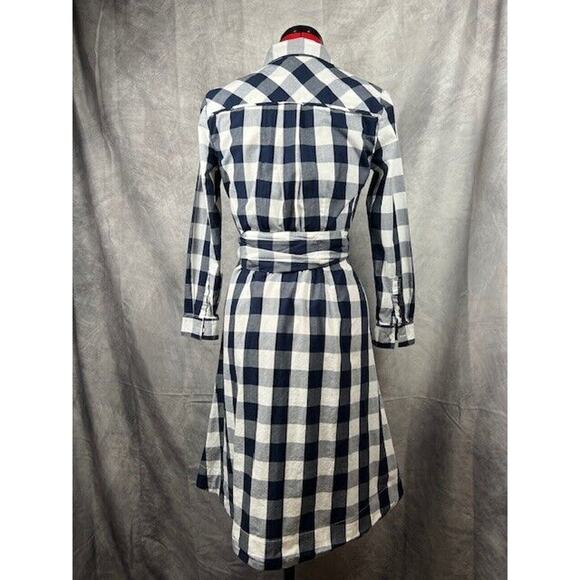 J Crew Tie-waist Poplin Shirtdress in Navy White Gingham Long Sleeve Dress 0 - Picture 3 of 5